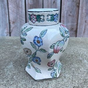 Vintage Oriental Style Floral Ceramic Pottery Candle Stick Holder Cream Base Blu